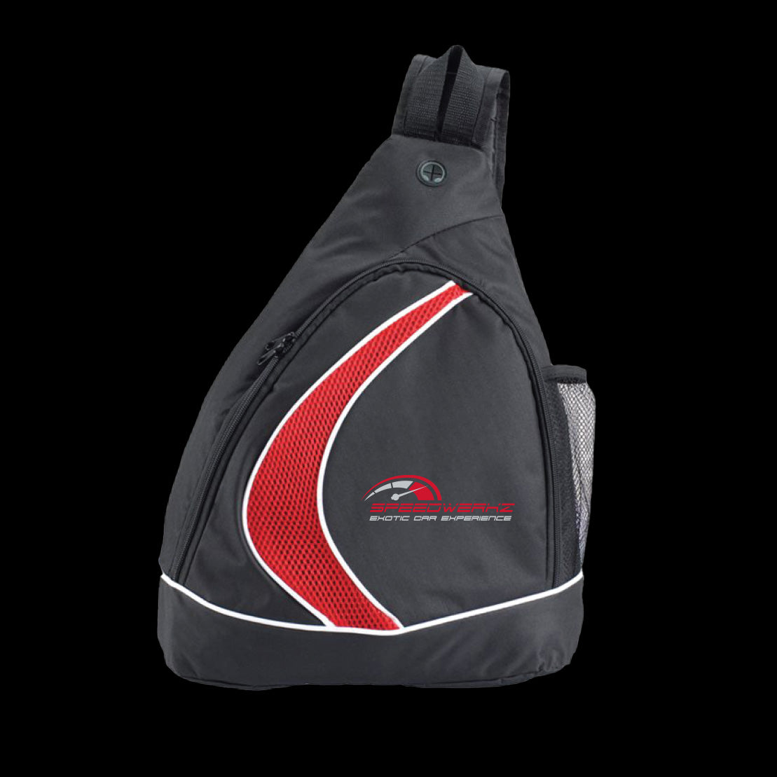 black sling bag with a red and white Speedwerkz logo